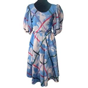 Choon Vintage Cloud Sky Print Puff Sleeve Midi Dress Blue Abstract 80s 90s